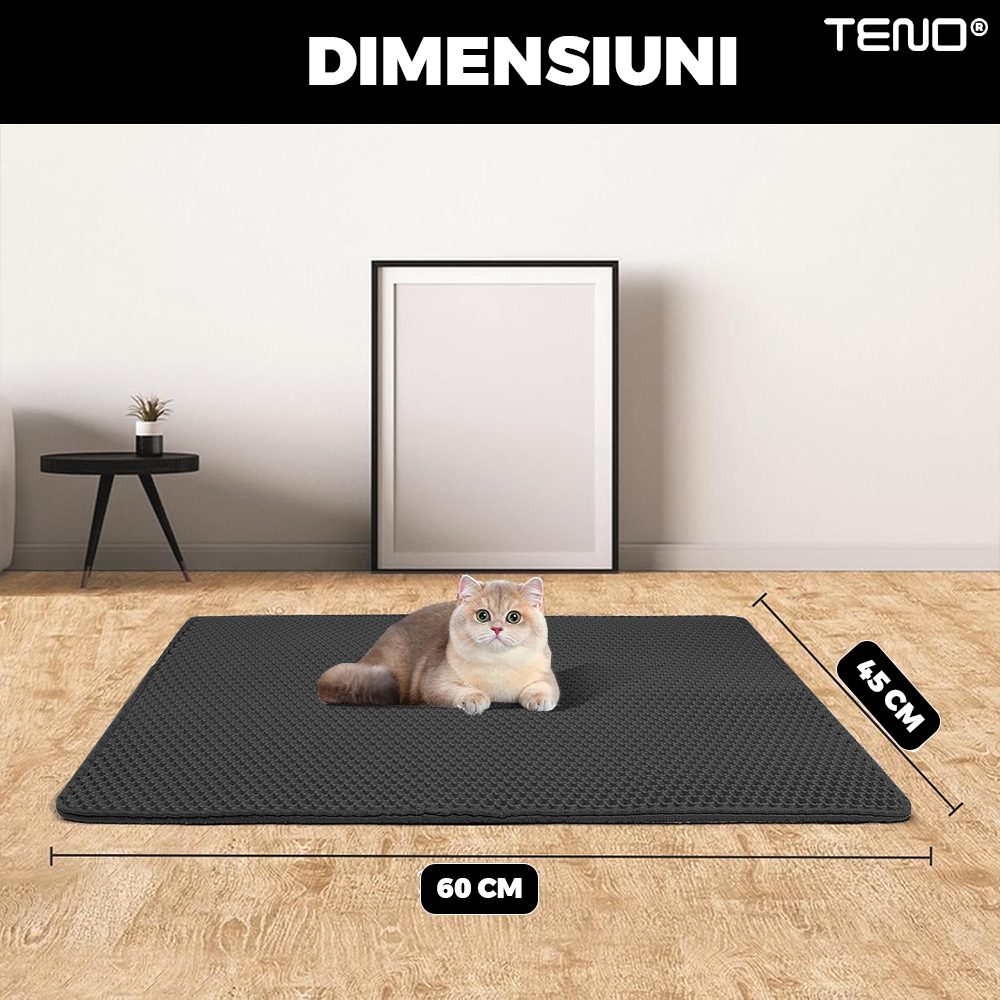 Covor pentru Litiera Pisicii Teno®, colectarea granulelor de nisip de diverse dimensiuni, waterproof, antiderapant, curata labutele pisicii, 45 x 60 cm, negru