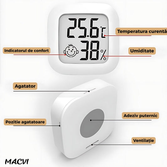 Termometru si Higrometru Digital MACVI® cu Afisaj LCD Indicator Confort, Temperatura si Umiditate, Design Compact, Baterie Inclusa