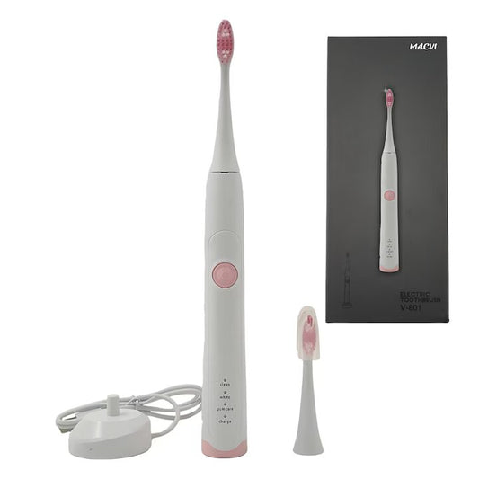 Periuta de dinti electrica Macvi®V-801, 5 trepte viteza, 3 programe de curatare, albire, ingrijire medicala, functie memorare, autonomie 36h, rezistenta la apa IPX7, Alb/Roz