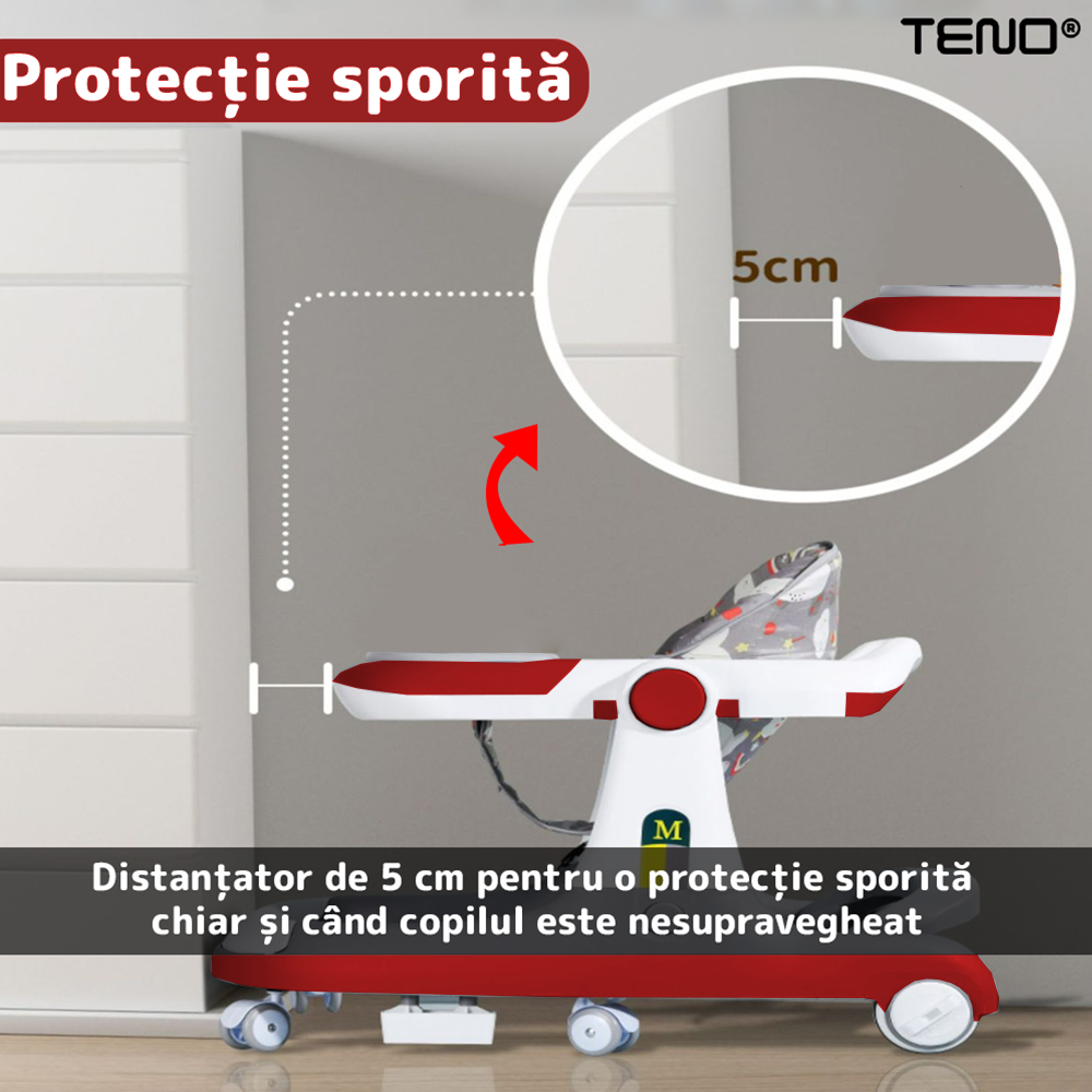 Premergator Multifunctional pentru Bebelusi Teno®, tava cu 3 jucarii, pisica, muzica, reglabil, pliabil, greutate max 20kg, 6-36 luni, rosu