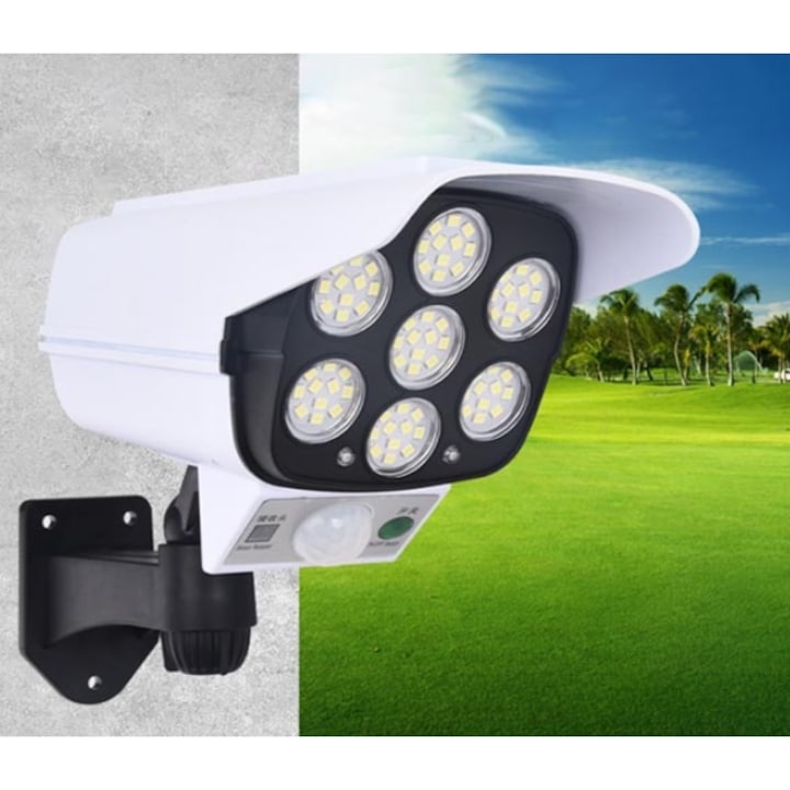 Lampa Solara Tip Camera Falsa Macvi® cu Senzor de Miscare si 77 LED-uri SMD, 3 Moduri de Iluminare, Panou Solar, Control prin Telecomanda, Design Realist, IP65