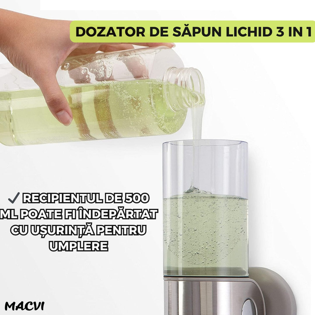 Dispenser 3 in 1 pentru Sapun, Sampon si Balsam Macvi® Montabil pe Perete, Transparent, pentru Baie si Bucatarie