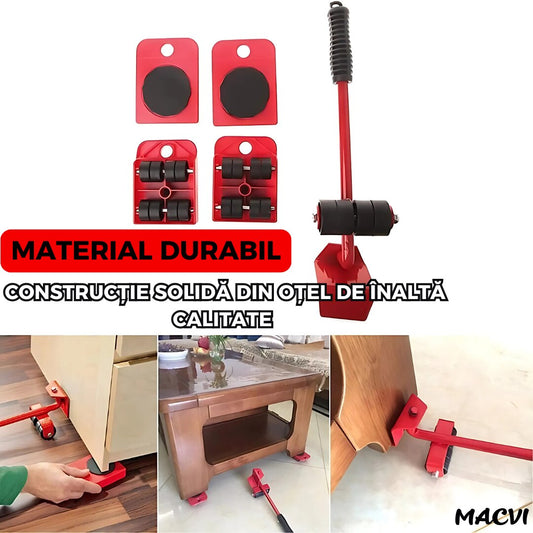 Set levier cu role si 4 suporturi pivotante Macvi®, cu roti pentru mobilier si electrocasnice, capacitate totala 600 kg