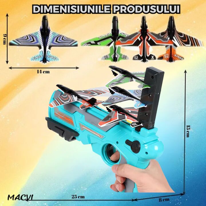 Pistol Lansator Macvi® cu 4 Avioane, Jucarie Interactiva pentru Copii, Design Usor si Sigur, Albastru