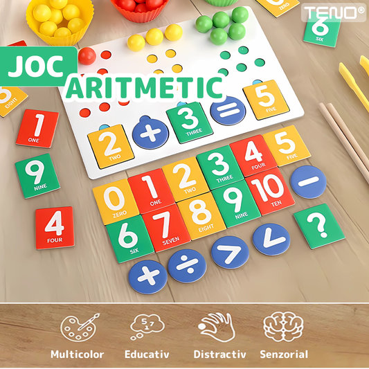 Jucarie Educativa Montessori din Lemn Teno®, joc aritmetic si de sortare, invatarea operatiilor matematice, dezvolta dexteritatea/coordonarea mana-ochi, accesorii incluse, multicolor