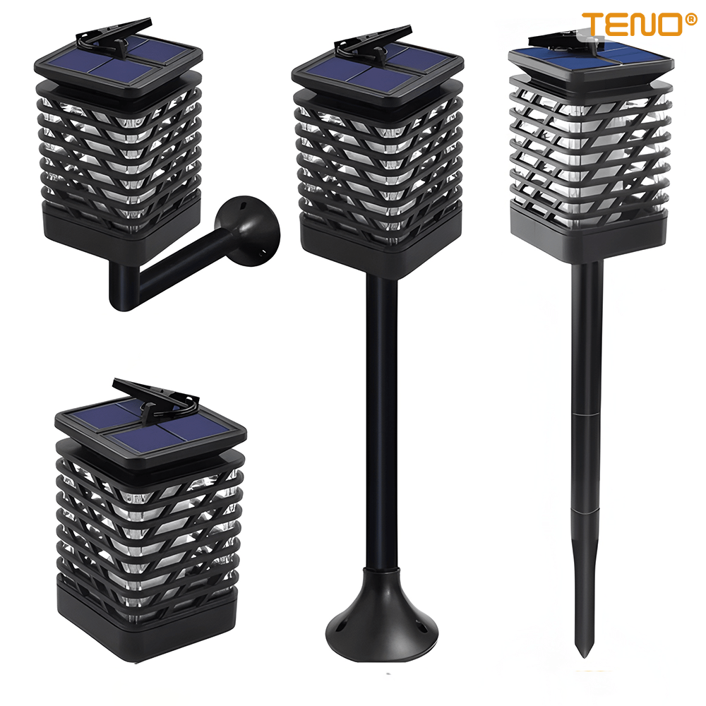 Lampa Solara Tip Flacara Teno®, pentru gradina, balcon, exterior, panou solar rezistent, efect de flacara, incarcare diurna, autonomie 8-12 ore, baterie niMH, protectie IP65 waterproof, negru