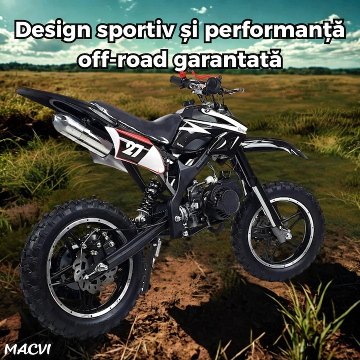 Motocicleta cross Macvi® pentru copii 49cc cu roti groase pornire usoara si motor pe benzina ideala pentru off road, Negru