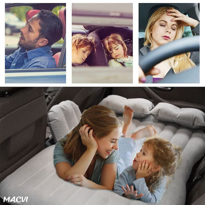 Saltea Gonflabila Auto Macvi® cu Perne si Suport de Echilibru, Ideala pentru Bancheta din Spate, Camping, Calatorii si Relaxare, Gri
