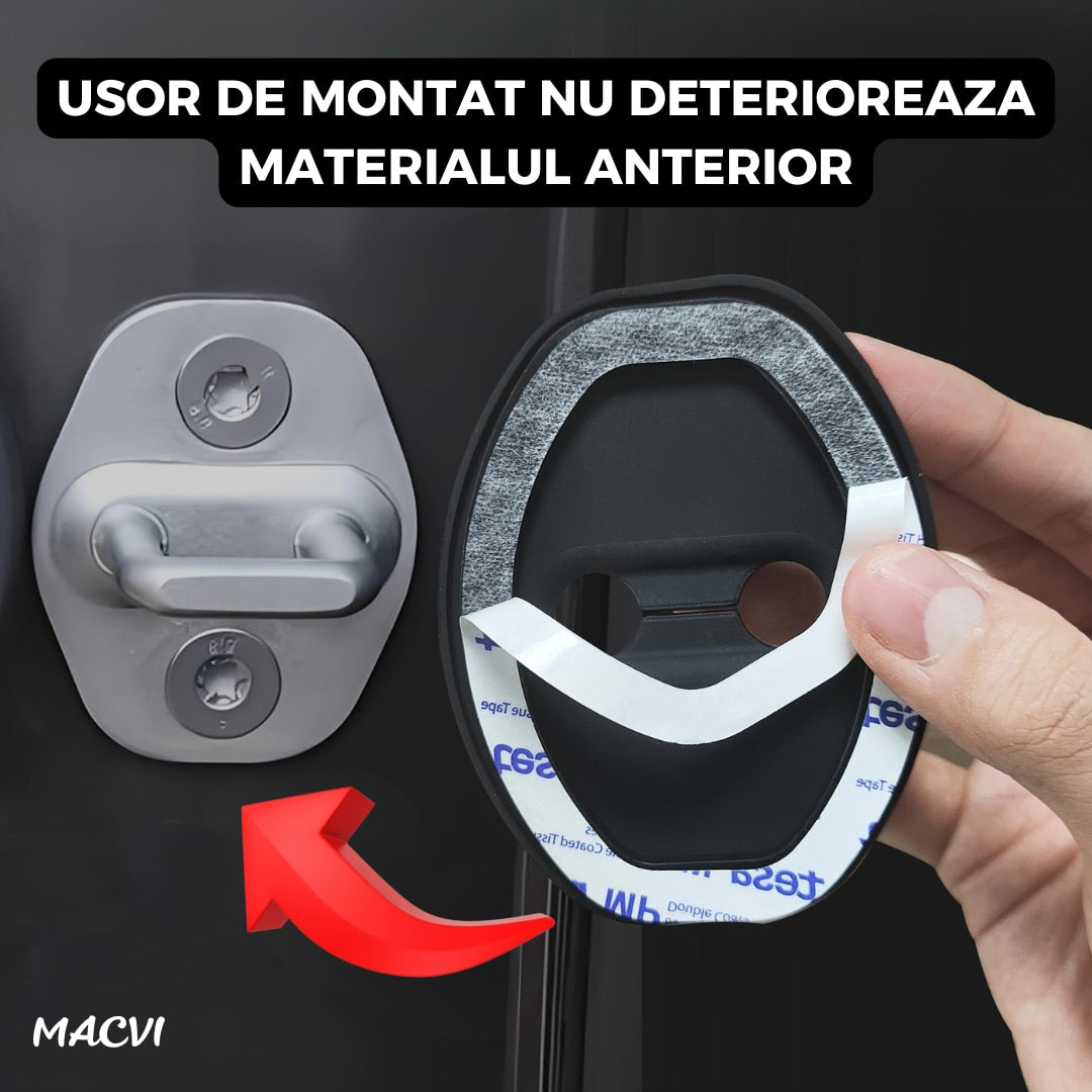 Set 4 protectii Macvi® pentru incuietori auto, capace din silicon pentru protectia si decorul usilor, negru