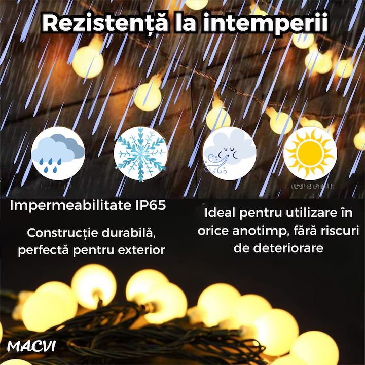 Ghirlanda Solara Macvi® exterior gradina 7M 50 LED IP65 8 moduri alb cald