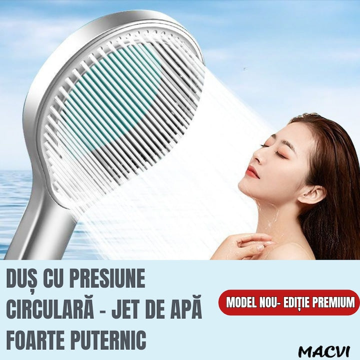 Cap de dus Macvi® cu jet reglabil, flexibilitate versatila, moduri multiple de pulverizare, finisaj argintiu