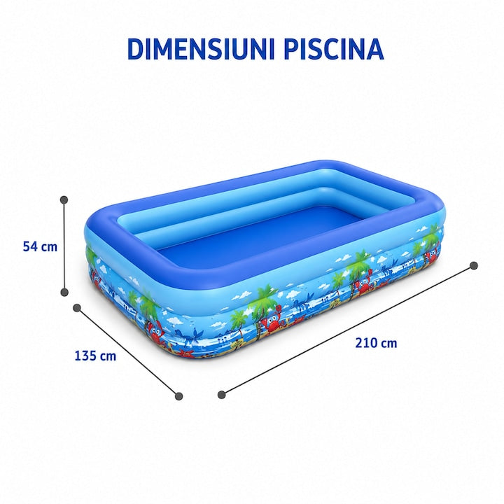 Piscina gonflabila familiala Macvi® 210 x 135 x 54 cm, 3 inele, PVC rezistent la UV, montare rapida, pentru copii si adulti, curte si gradina, design tropical