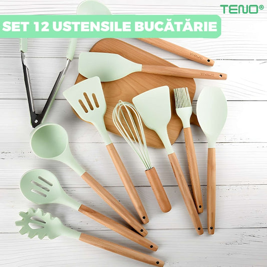 Set Ustensile Bucatarie 12 Piese Silicon Alimentar Teno®, termorezistente, antiaderente, sigure, suport inclus, verde deschis
