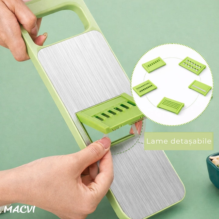 Razatoare Multifunctionala Macvi® cu Recipient si 6 Lame din Otel Inoxidabil, Tocator Rotund pentru Legume si Fructe, Design Demontabil, Verde