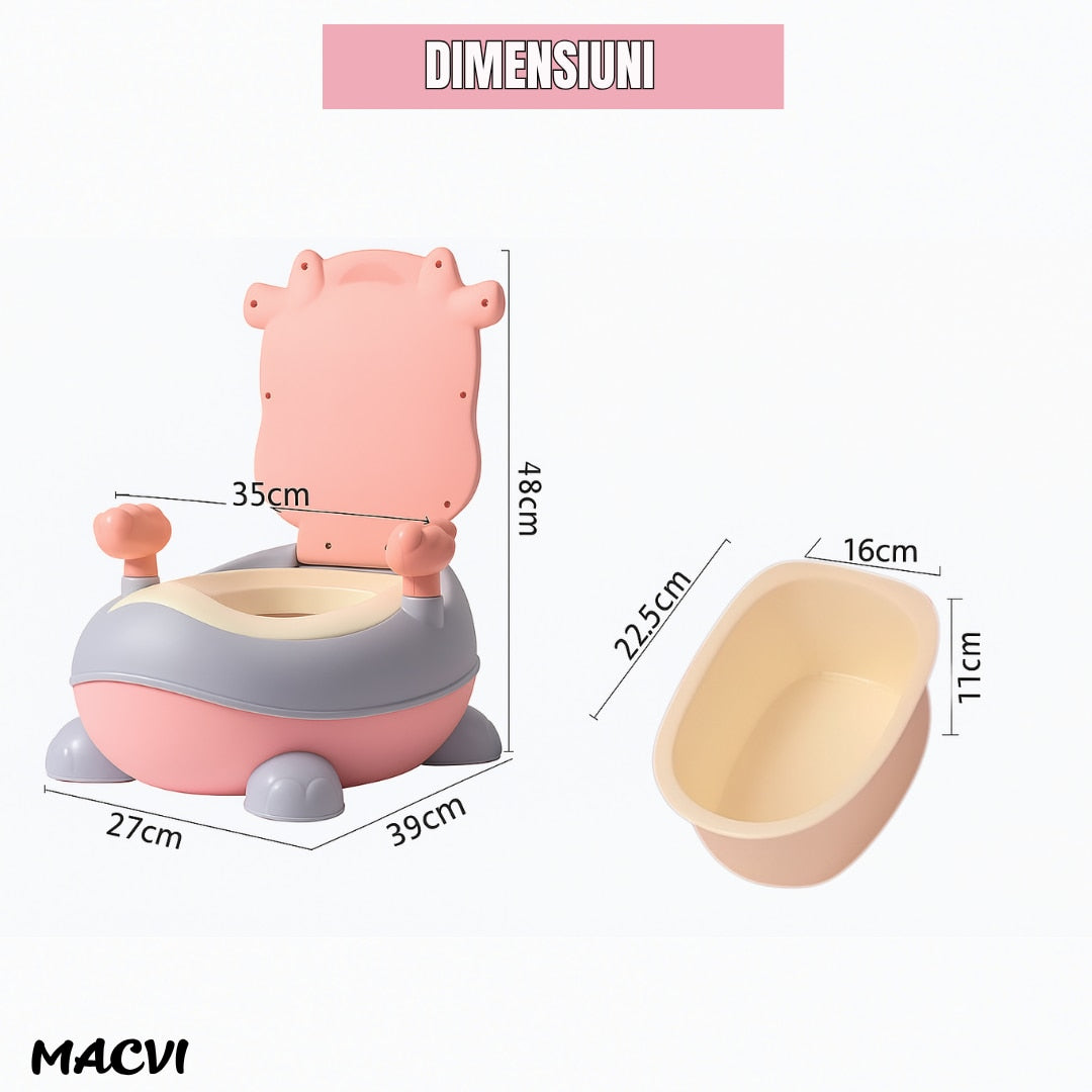 Olita pentru copii Macvi® cu manere, interior detasabil, colac moale, anti-stropire, spatar ergonomic, margini rotunjite, material non-toxic, roz