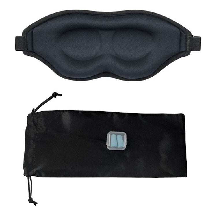 Masca de Somn 3D cu Dopuri Urechi si Husa Macvi® Reglabila, Confortabila, Antilumina, Neagra, Pentru Calatorii, Acasa, Relaxare