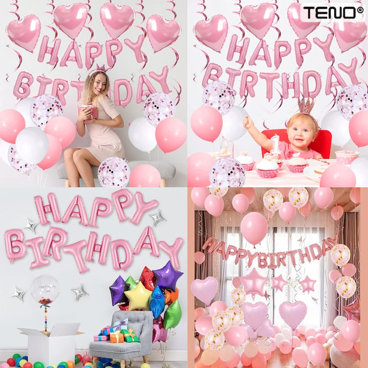 Set 25 Baloane Teno®, Litere, pentru Petreceri/Aniversari/Evenimente, confetti, stelute, model HAPPY BIRTHDAY, rose