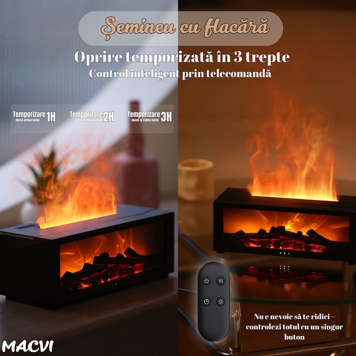 Umidificator de aer inteligent Macvi® 3D cu efect de flacara, aromaterapie, rezervor 200 ml, LED multicolor, silentios, portabil USB, cu telecomanda si 3 moduri de functionare