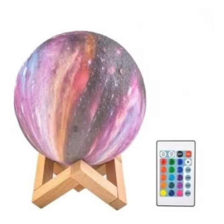 Lampa de Veghe Luna 3D Macvi® 12 cm cu Telecomanda 16 Culori LED Suport Lemn Reincarcabila USB Lumina Ambientala