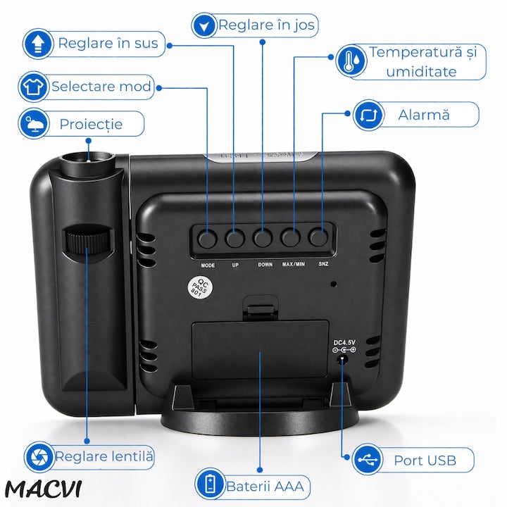 Ceas cu Calendar Macvi®, Alarma si Proiector Tip LED DS-8190