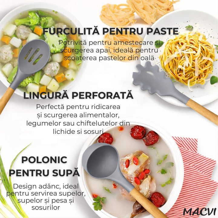 Set Ustensile Bucatarie Macvi® 19 Piese Silicon Termorezistent si Bambus, Cutite Inox, Suport Organizator Compact, Design Gri Elegant