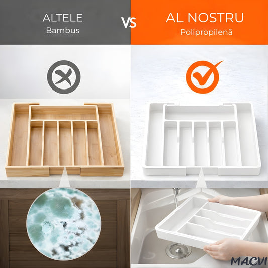 Organizator extensibil Macvi® 8 compartimente, pentru sertar, Sistem modular pentru tacamuri si ustensile de bucatarie, Alb