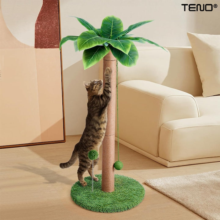 Ansamblu de Joaca pentru Pisici in Forma de Palmier Teno®, tip turn, 1 nivel, franghie si mingiute de joaca, stalpi pentru zgariat, captuseala extra moale, structura stabila, 85 cm, verde
