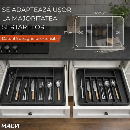 Organizator tacamuri sertar extensibil Macvi® 8 compartimente bloc pentru cutite detasabil negru