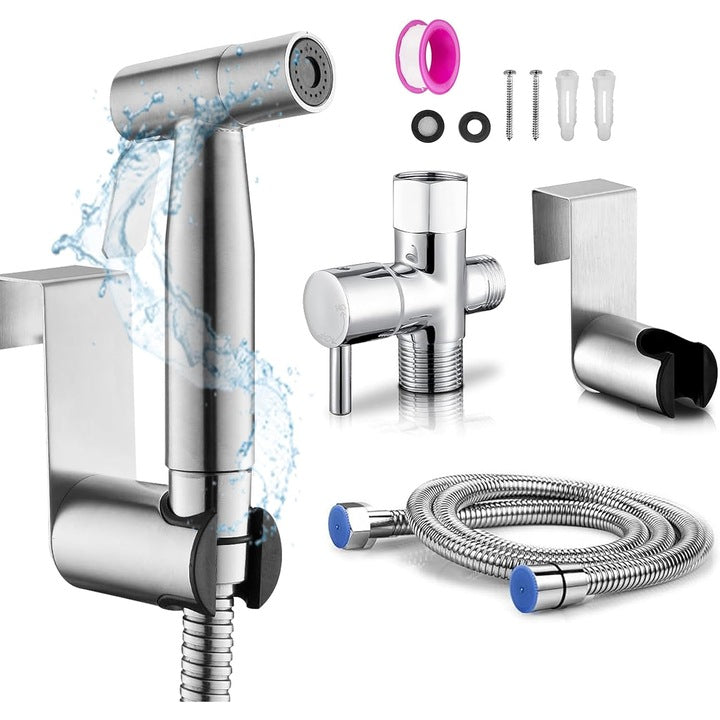 Set de Dus Igiena Intima Macvi cu Baterie Bideu, Para Dus, Furtun 1.2 m, Otel Inoxidabil, Argintiu