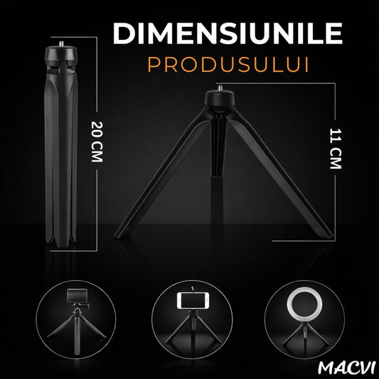 Mini Trepied pentru Telefon, Aparate Foto si Video Macvi® cu Lampi Circulare, Portabil, Pliabil, Ergonomic, Negru