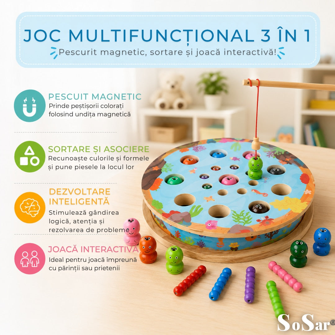 Joc Educativ din Lemn Sosar® 3 in 1 Pescuit Magnetic Sah si Sortare Culori Dezvolta Coordonarea Mana Ochi Abilitatile Cognitive si Motricitatea Fina
