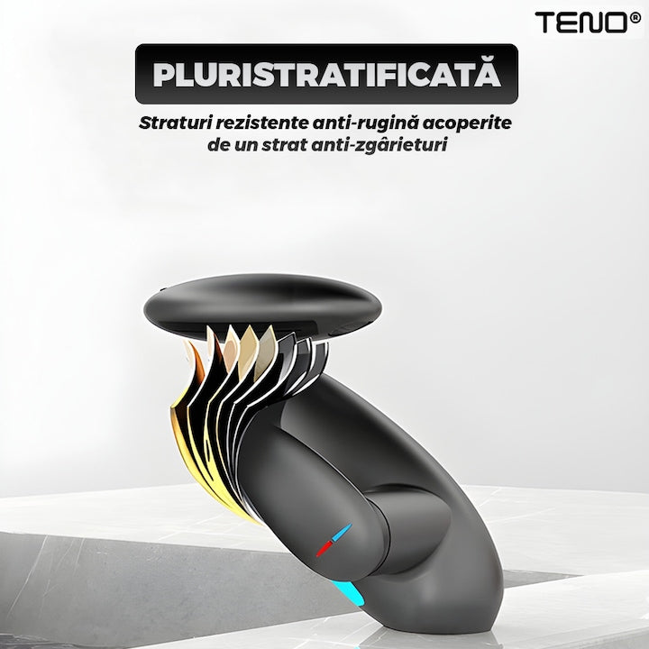 Baterie Chiuveta Baie Premium Teno®, 4 tipuri de jet, iluminare LED, cartus ceramic, cap retractabil, rezistenta la rugina si coroziune, accesorii incluse, negru
