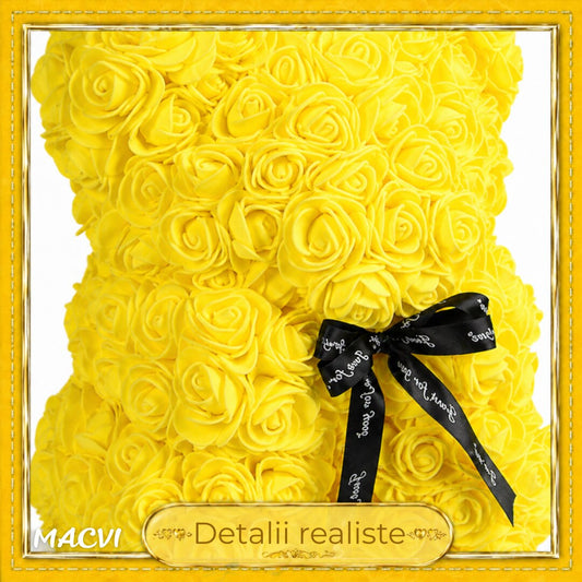 Ursulet Cu Inima Trandafiri Spuma Macvi®, 24 cm, Cutie Cadou Inclusa, Galben, Decor Romantic, Cadou Valentine Aniversare