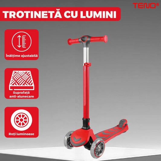 Trotineta pentru Copii cu Lumini Teno®, 3 roti, pliabila, anti-aluncare, inaltime ajustabila, stabila, frana, incorporata, 3-11 ani, rosu