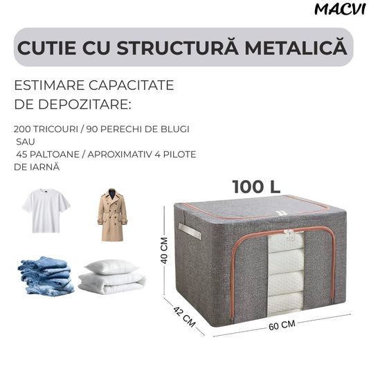 Organizator depozitare Macvi® 100 litri, cutie textila pliabila cu capac si fermoar, panou transparent pentru vizualizare si cadru metalic robust, ideala pentru haine voluminoase si depozitare