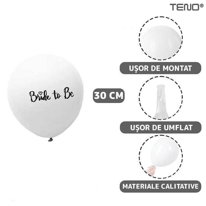 Set 6 Baloane Teno®, pentru Petreceri/Evenimente, rezistente, elastice, usor de umflat, model BRIDE TO BE, 30 cm, alb