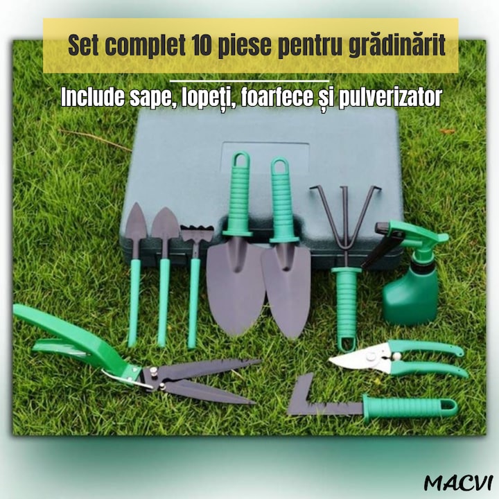 Set accesorii gradinarit Macvi® 10 piese, unelte din inox si plastic, foarfeca, lopata, pulverizator, geanta inclusa