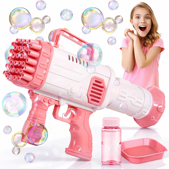 Pistol Baloane Sapun 32 Duze Macvi® tip Bubble Gun cu baterii(neincluse), Ventilator, Roz