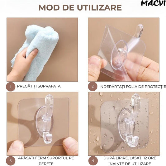 Suport pentru Perete Macvi®, 6 Carlige Adeziv Transparent, Plastic