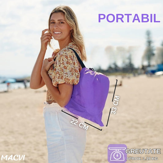 Saltea gonflabila tip sezlong Lazybag Macvi®, material rezistent, umflare fara pompa, pentru plaja/picnic/camping, rucsac de depozitare, 190 x 70 cm,,Mov