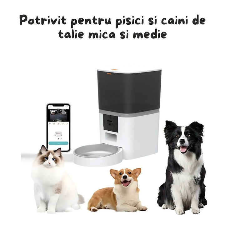 Dozator Automat Hrana Animale Macvi® 6L cu Camera HD 1080P, Audio Bidirectional, Control din Telefon, WiFi 5G, Vas Inox, Programare Mese pentru Caini si Pisici