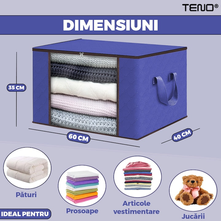 Cutie Depozitare si Organizare Teno®, pliabila, maner ranforsat si fereastra transparenta, pentru haine/paturi/ plapumi/ perne/ lenjerii de pat/jucarii, 84 L, 60x 40x 35 cm, albastru