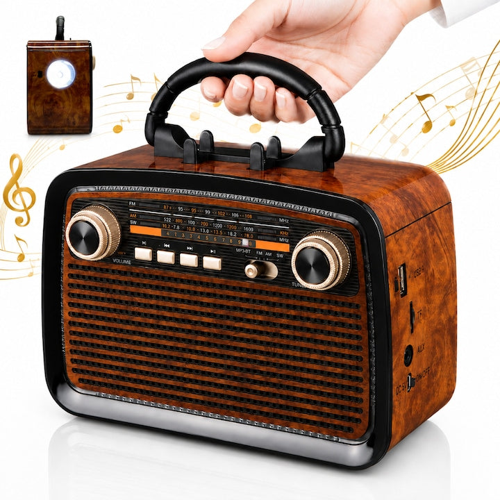 Portabil Radio Retro Wireless Macvi®, Bluetooth AM FM SW Boxa Portabila MP3 Player USB TF AUX Acumulator Reincarcabil 1200mAh 5W Lanterna LED