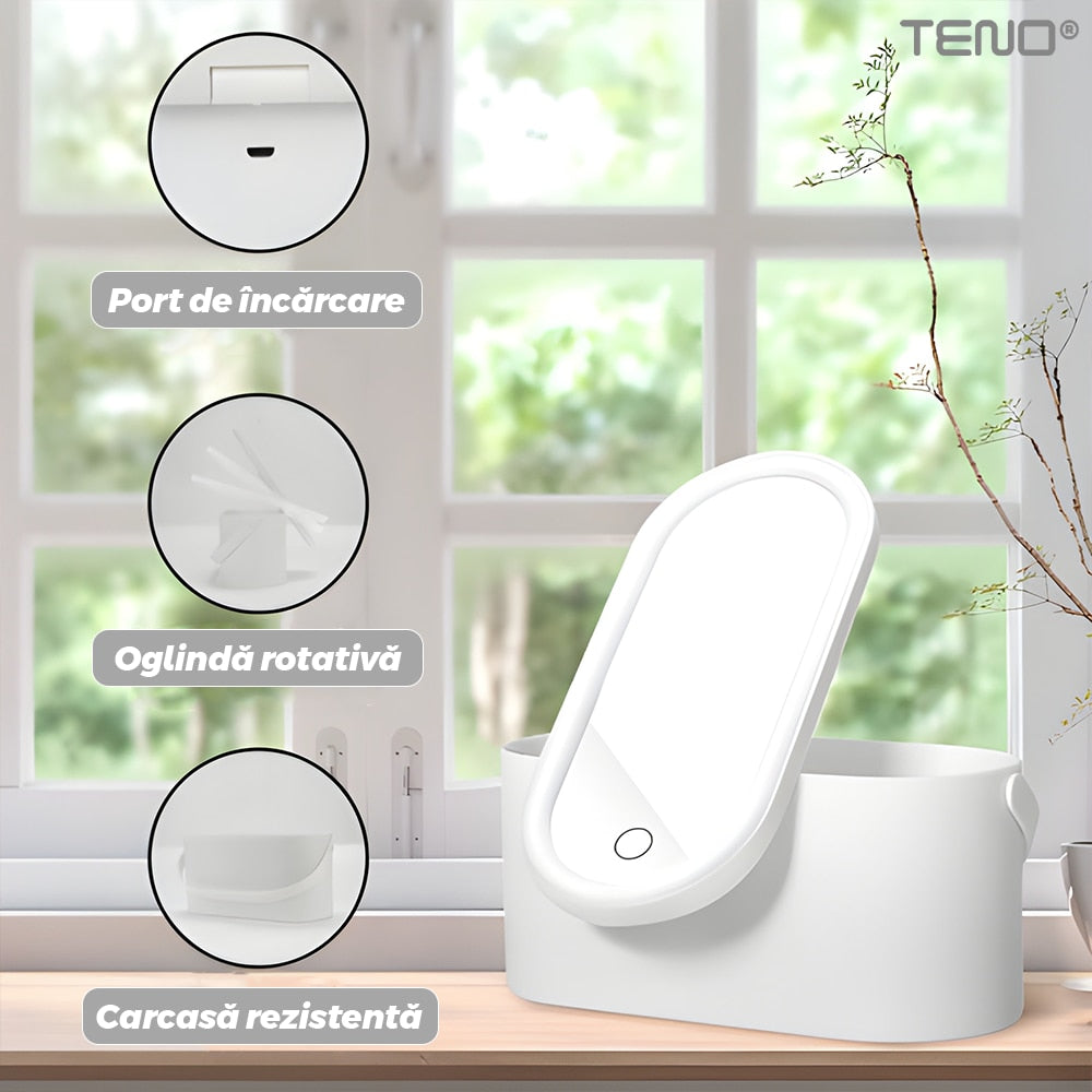 Oglinda Cosmetica Multifunctionala Teno®, portabila, lumina LED, spatiu depozitare pentru cosmetice, buton Touch-Screen, lumina dimabila, 23 x 10 x 11.5 cm, alb