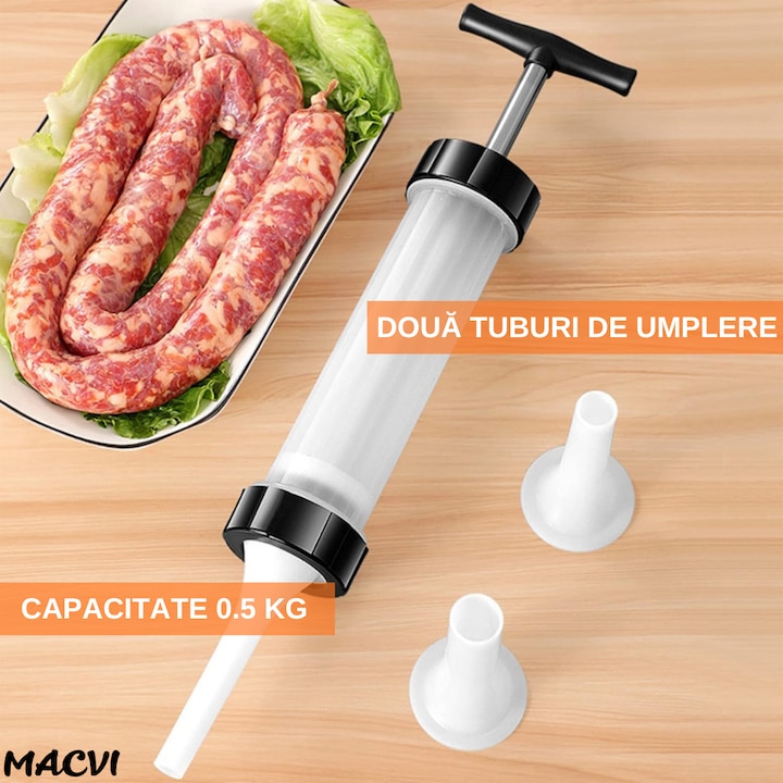 Aparat manual pentru umplut carnati, Macvi®, inox/plastic, 0.5 kg, 2 tuburi de umplere, alb