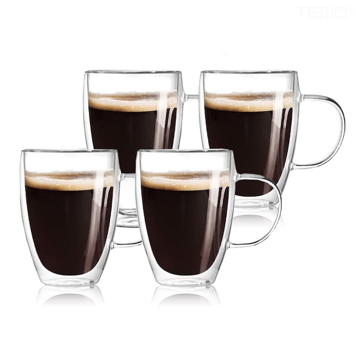 Set 4 Cani de Sticla cu Perete Dublu Teno®, model rotund, design modern, termorezistente, capacitate 350 ml, 12 x 9 cm