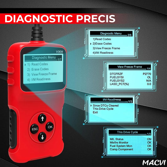 Tester auto MACVI OBD2 V309, citire/sterere coduri DTC, ecran LCD mare, plug and play