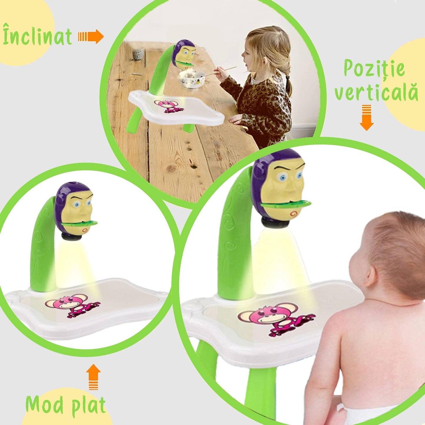Jucarie educationala Macvi® tip tabla cu proiector, hologram, 3 discuri, 24 sabloane, 12 carioci, masa de desen Toy Story, verde
