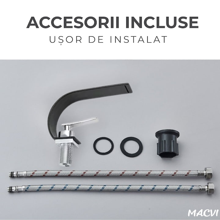 Robinet baie Macvi® tip cascada din alama inaltime 13 cm conexiune 3/8 montaj chiuveta design modern, negru mat