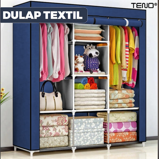 Dulap din Material Textil pentru Haine si Incaltaminte Teno®, impermeabil, 8 rafturi, inchidere fermoar, suport umerase, cadru otel, 170 cm, albastru